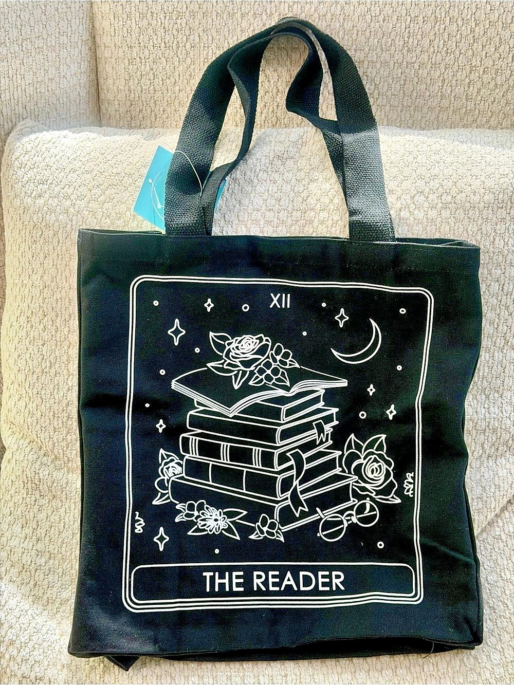 The Reader XII Tarot Tote Bag Black White Canvas Celestial Bookish Major Arcana